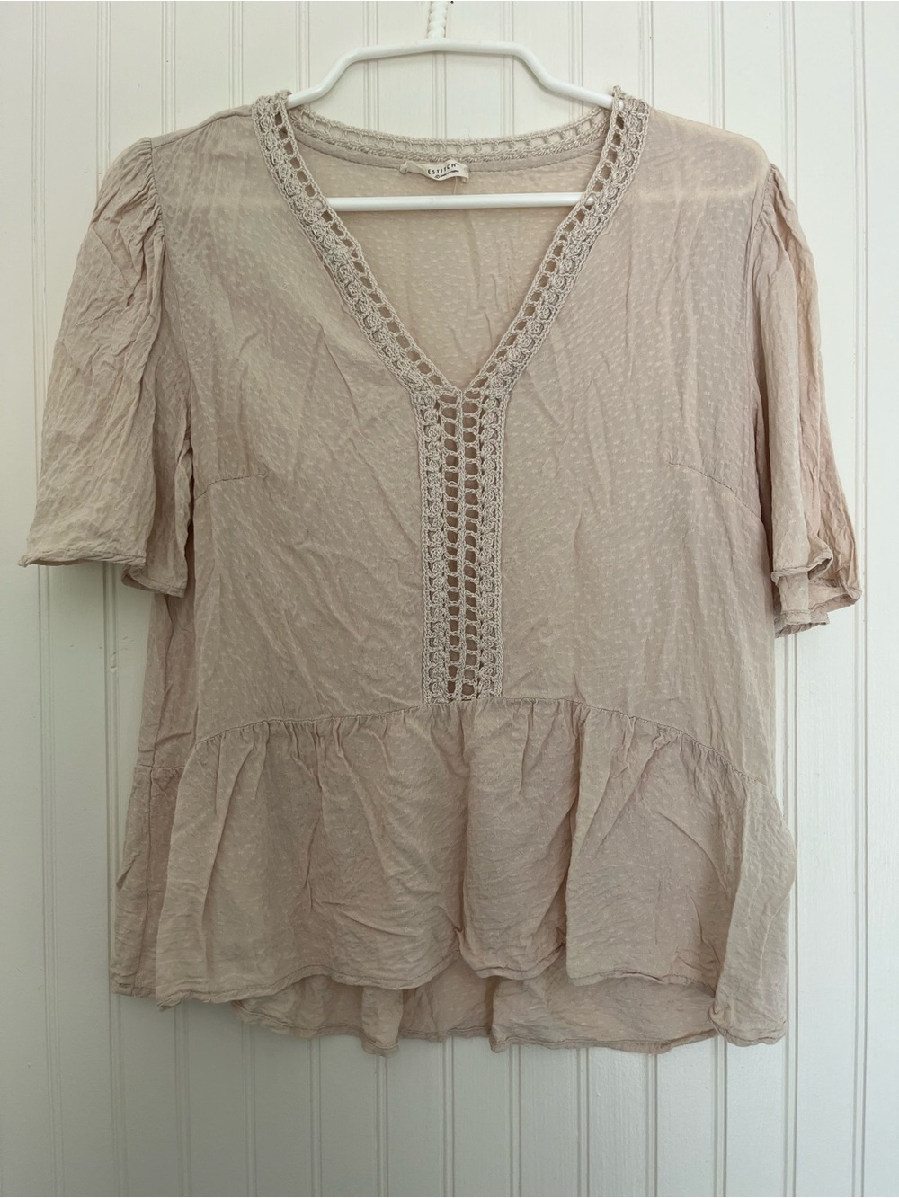 Lovestitch Cream Peplum Top V Neck Crochet Trim Puff Sleeve Boho S